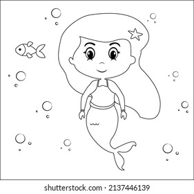 (Mermaid Coloring Page: 31) Cute mermaid with goldfishes, green grass, water bubbles on background, vector black and white coloring page.