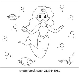 (Mermaid Coloring Page: 5) Cute mermaid with goldfishes, green grass, water bubbles on background, vector black and white coloring page.