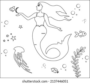 (Mermaid Coloring Page: 9) Cute mermaid with goldfishes, green grass, water bubbles on background, vector black and white coloring page.