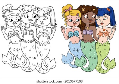 mermaid coloring page. beautiful sea girls princess. vector