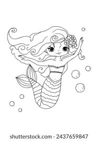 Mermaid Coloring page. Mermaid Coloring book, colouring page children. Cute girl, princess, fairy girl. Outline mermaid. Vector illustration isolated white background. Kids drawing activity. Printable