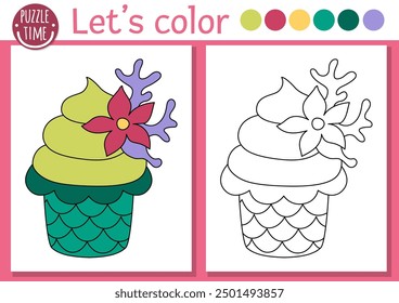 Página para colorear de sirena para niños con cupcake con algas. Vector Ocean Kingdom ilustración de contorno. Libro de color para niños con ejemplo de color. Hoja de trabajo imprimible de habilidades de dibujo subacuático
