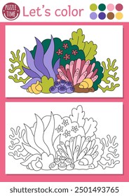 Mermaid coloring page for children with cute seaweeds. Vector ocean kingdom outline illustration. Color book for kids with colored example. Underwater drawing skills printable worksheet
