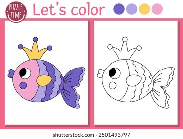 Página para colorear de sirena para niños con peces lindos con corona. Vector Ocean Kingdom ilustración de contorno. Libro de color para niños con ejemplo de color. Hoja de trabajo imprimible de habilidades de dibujo subacuático
