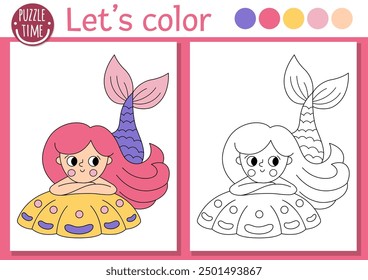 Mermaid coloring page for children with cute sea princess. Vector ocean kingdom outline illustration. Color book for kids with colored example. Underwater drawing skills printable worksheet
