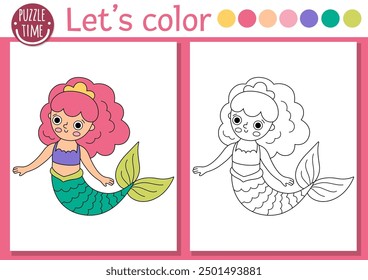 Mermaid coloring page for children with cute sea princess. Vector ocean kingdom outline illustration. Color book for kids with colored example. Underwater drawing skills printable worksheet
