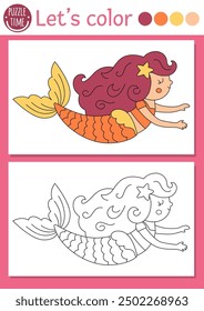 Mermaid coloring page for children with cute sea princess. Vector ocean kingdom outline illustration. Color book for kids with colored example. Underwater drawing skills printable worksheet
