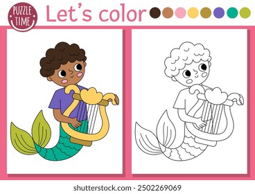 Mermaid coloring page for children with cute sea prince. Vector ocean kingdom outline illustration. Color book for kids with colored example. Underwater drawing skills printable worksheet
