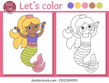 Mermaid coloring page for children with cute sea princess. Vector ocean kingdom outline illustration. Color book for kids with colored example. Underwater drawing skills printable worksheet
