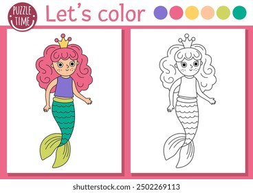 Mermaid coloring page for children with cute sea princess. Vector ocean kingdom outline illustration. Color book for kids with colored example. Underwater drawing skills printable worksheet
