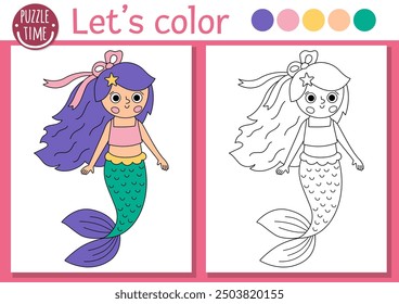 Mermaid coloring page for children with cute sea princess. Vector ocean kingdom outline illustration. Color book for kids with colored example. Underwater drawing skills printable worksheet
