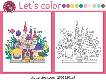 Página para colorear de sirena para niños con lindo castillo de mar. Vector Ocean Kingdom ilustración de contorno. Libro de color para niños con ejemplo de color. Hoja de trabajo imprimible de habilidades de dibujo subacuático
