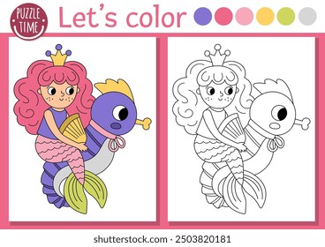 Página para colorear de sirena para niños con linda princesa de mar. Vector Ocean Kingdom ilustración de contorno. Libro de color para niños con ejemplo de color. Hoja de trabajo imprimible de habilidades de dibujo subacuático
