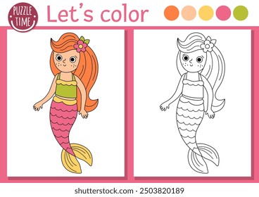 Mermaid coloring page for children with cute sea princess. Vector ocean kingdom outline illustration. Color book for kids with colored example. Underwater drawing skills printable worksheet
