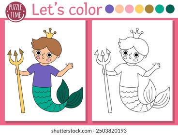 Mermaid coloring page for children with cute sea prince. Vector ocean kingdom outline illustration. Color book for kids with colored example. Underwater drawing skills printable worksheet
