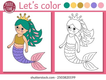 Mermaid coloring page for children with cute sea princess. Vector ocean kingdom outline illustration. Color book for kids with colored example. Underwater drawing skills printable worksheet
