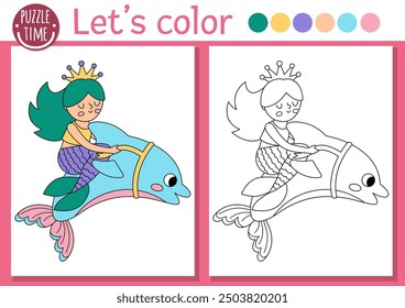 Mermaid coloring page for children with cute sea princess. Vector ocean kingdom outline illustration. Color book for kids with colored example. Underwater drawing skills printable worksheet
