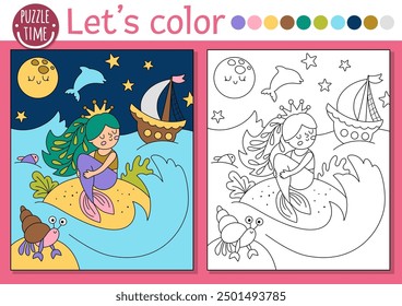 Mermaid coloring page for children with sea princess, ship, night sky. Vector outline illustration with ocean kingdom scene. Color book for kids. Underwater drawing skills printable worksheet
