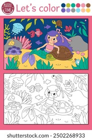 Mermaid coloring page for children with sea princess and turtle. Vector outline illustration with ocean kingdom scene. Color book for kids. Underwater drawing skills printable worksheet
