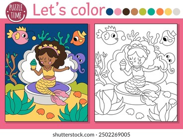 Mermaid coloring page for children with sea princess eating cupcake. Vector outline illustration with ocean kingdom scene. Color book for kids. Underwater drawing skills printable worksheet

