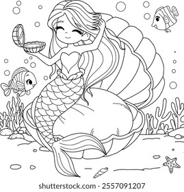 Mermaid coloring page combing her hair.vector illustration isolated on white background