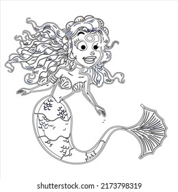 Mermaid Coloring Page for kids .  Beautiful mermaid with long curl hair 