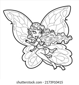 Mermaid Coloring Page For Kids .  Beautiful Mermaid With Long Curl Hair . Mermaid Butterfly Coloring Page 
