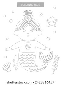 Mermaid coloring page for kids. Educational game for preschool and kindergarten children. Fine motor skills development	