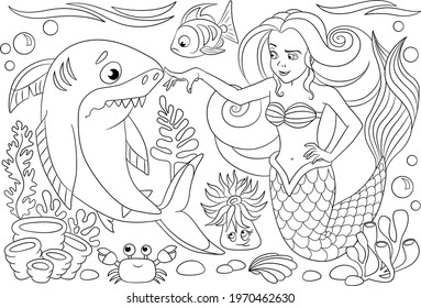 Mermaid coloring page. Coloring page outline of cartoon. Vector illustration, coloring book for kids. Princess Doodle page. Children background. Sea creatures drawing