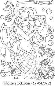 Mermaid coloring page. Coloring page outline of cartoon. Vector illustration, coloring book for kids. Princess Doodle page. Children background. Princess doodle