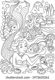 Mermaid Coloring Page Underwater World Coloring Stock Vector (Royalty ...