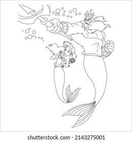 Mermaid coloring page. Underwater world coloring book. Fish contour. Children's illustration. Animals cartoon. doodle. Children's coloring book