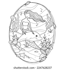 Mermaid coloring page. Underwater world coloring book. Fish contour. Children's illustration. Animals cartoon. Princess doodle. Children's coloring book