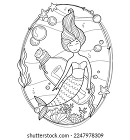 Mermaid coloring page. Underwater world coloring book. Fish contour. Children's illustration. Animals cartoon. Princess doodle. Children's coloring book