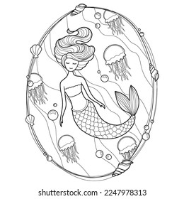 Mermaid coloring page. Underwater world coloring book. Fish contour. Children's illustration. Animals cartoon. Princess doodle. Children's coloring book