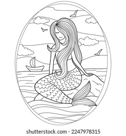 Mermaid coloring page. Underwater world coloring book. Fish contour. Children's illustration. Animals cartoon. Princess doodle. Children's coloring book