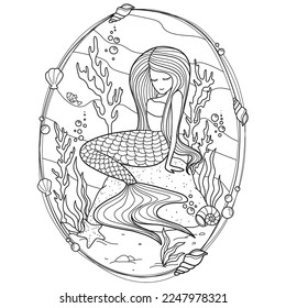 Mermaid coloring page. Underwater world coloring book. Fish contour. Children's illustration. Animals cartoon. Princess doodle. Children's coloring book
