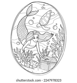 Mermaid coloring page. Underwater world coloring book. Fish contour. Children's illustration. Animals cartoon. Princess doodle. Children's coloring book