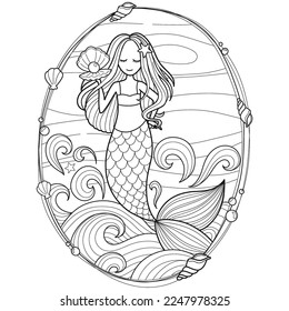 Mermaid coloring page. Underwater world coloring book. Fish contour. Children's illustration. Animals cartoon. Princess doodle. Children's coloring book