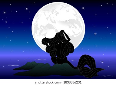 mermaid combing her hair against the background of the full moon sitting on the stones