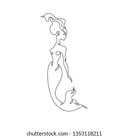 Mermaid Continuous line drawing, single line on a white background,  Vector illustration. 
