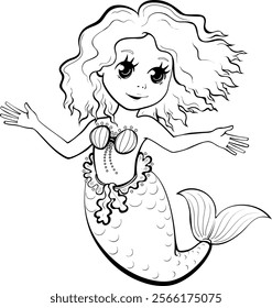 Mermaid.Sea creatures.Coloring page. Black and white illustration for a coloring book. Printable sticker.