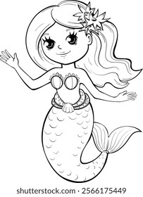 Mermaid.Sea creatures.Coloring page. Black and white illustration for a coloring book. Printable sticker.