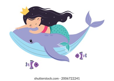 Mermaid with Crown on Her Head Floating Underwater with Whale Vector Illustration