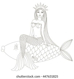 Mermaid in a crown sitting on the fish. Vector illustration.