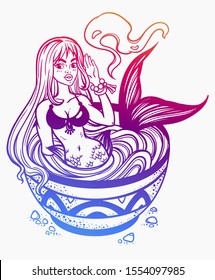Mermaid in a cup with noodles. Isolated vector illustration on white background.