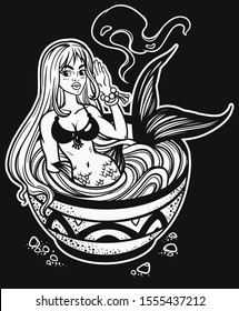 Mermaid in a cup with noodles. Isolated vector illustration on white background.
