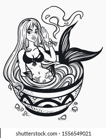 Mermaid in a cup with noodles. Isolated vector illustration on white background.