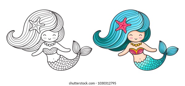 Mermaid. Cute cartoon character. Vector colored illustration for print, card, poster, t-shirt, coloring books, tattoo.