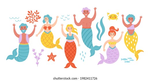 Mermaid cute character set for summer design. Childish print for cards, stickers and party invitation